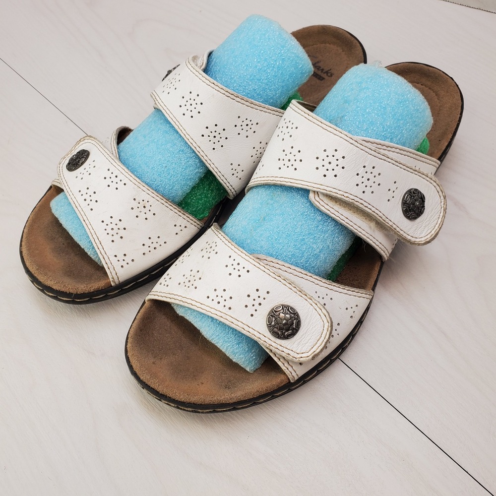 Clarks Collection‎ White Leather Perforated Slide Sandals W 10W Coastal Granny